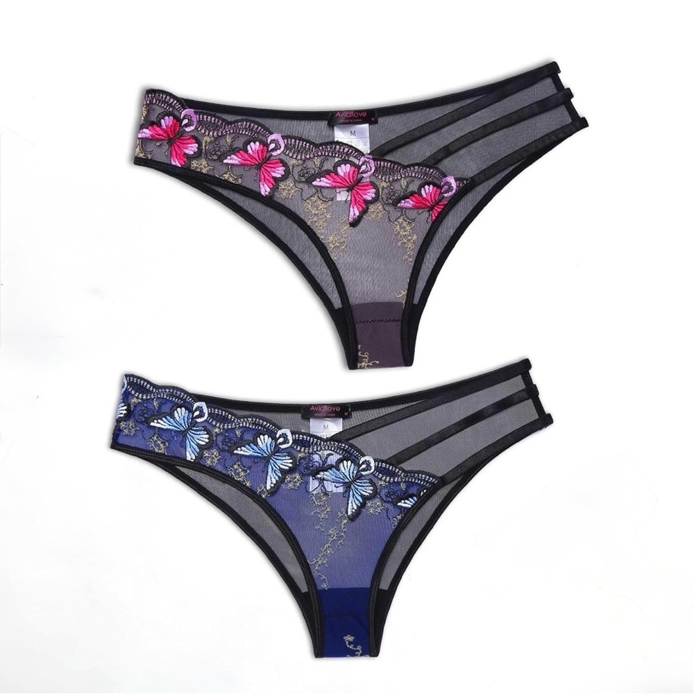 NEW 2 Butterfly Mesh Strappy Embroidered Panties Size Medium